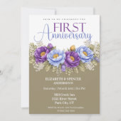 Blue and Purple Peony 1st Wedding Anniversary Einladung (Vorderseite)
