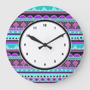 Blue and purple tribal pattern clock with numbers große wanduhr