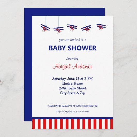 Blue and Red Airplane Stripe Baby Showdusche Invit Einladung (Vorne/Hinten)