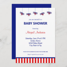Blue and Red Airplane Stripe Baby Showdusche Invit