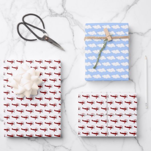 Blue and Red Airplanes Birthday Wrapping Paper She Geschenkpapier Set (Vorderseite)