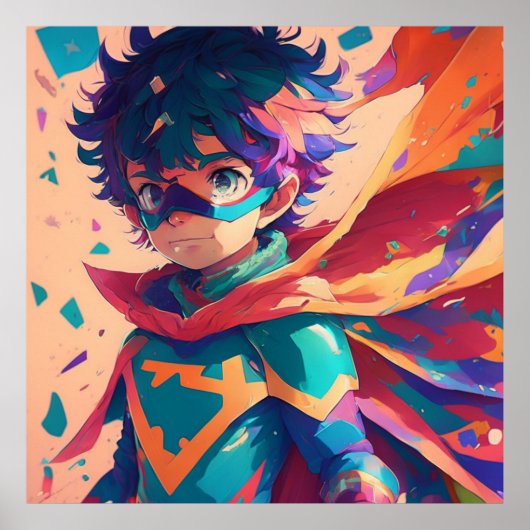 Blue and Red Anime Superhero Boy Poster (Vorne)