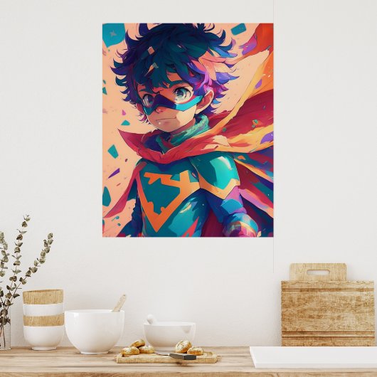 Blue and Red Anime Superhero Boy Poster (Küche)
