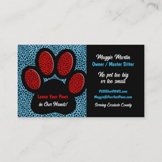 Blue and Red Cheetah Print Custom Paw Pet Sitter Visitenkarte (Rückseite)