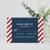 Blue and Red Nautical Stripes Wedding RSVP Card Karte (Stehend Vorderseite)