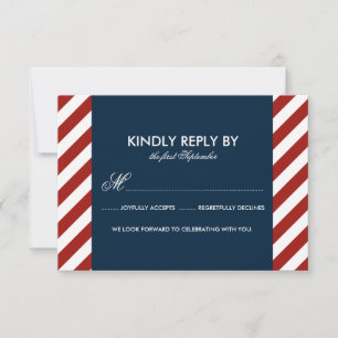 Blue and Red Nautical Stripes Wedding RSVP Card Karte