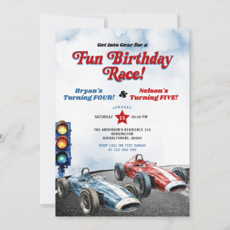 Blue and Red Retro Racing Cars Geschwister Geburts Einladung