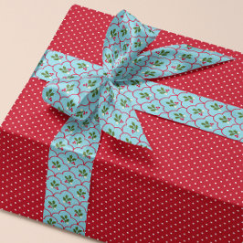 Blue and Red Scallop Holly Branch Berry Weihnachte Satinband