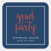 Blue and Red Script Grad Party Quadratischer Aufkleber (Vorderseite)