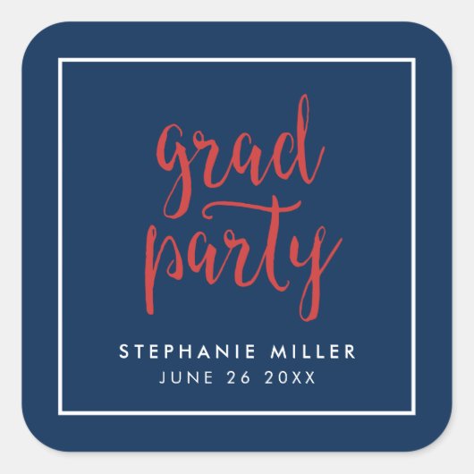 Blue and Red Script Grad Party Quadratischer Aufkleber (Vorderseite)