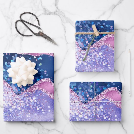 Blue and Rose Gold Glitzer Agate Geschenkpapier Set (Vorderseite)