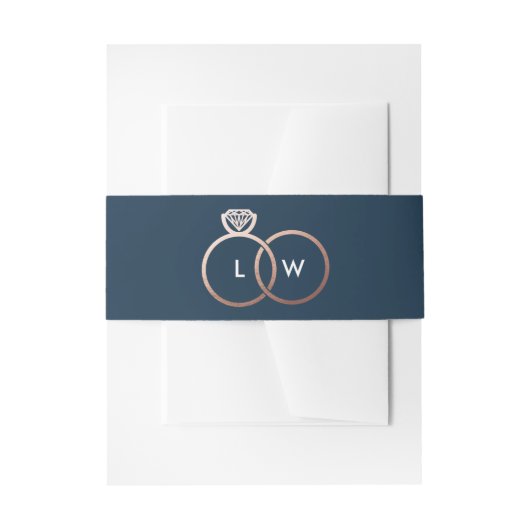 Blue and Rose Gold Wedding Ring Monogram Einladungsbanderole (Vorderseite Beispiel)
