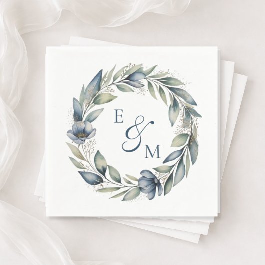 Blue and Sage Floral Wreath Wedding Napkin Serviette