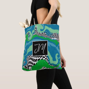 Blue and Sage Green Fluid Art Mit Monogramm Tasche