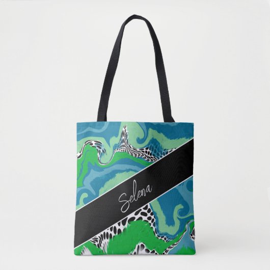 Blue and Sage Green Fluid Art Personalisiert Tasche (Vorderseite)