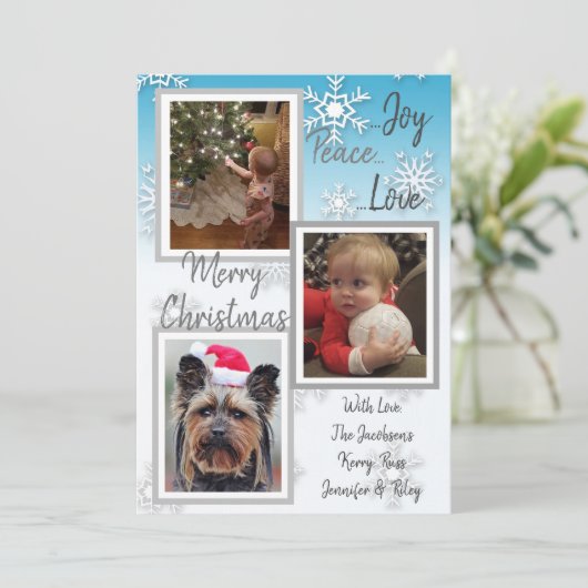 Blue and silber Snowflakes Foto Weihnachten Einladung (Stehend Vorderseite)