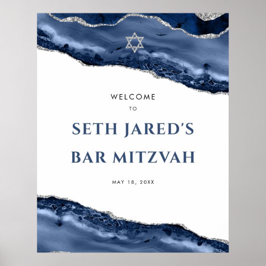 Blue and Silver Agate Border Bar Mitzvah Willkomme Poster (Vorne)