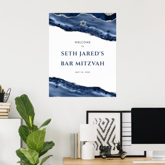 Blue and Silver Agate Border Bar Mitzvah Willkomme Poster (Heimbüro)