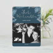 Blue and Silver Blätter Frohe Weihnachten Foto (Stehend Vorderseite)