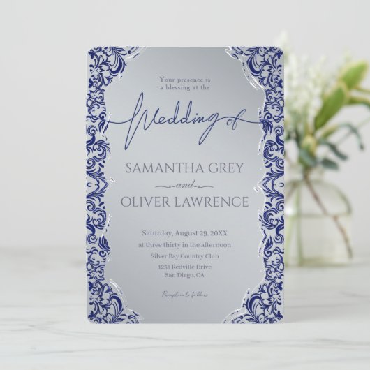 Blue and Silver Damask Einladung (Stehend Vorderseite)