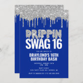 Blue and Silver Drippin Swag 16 Geburtstag Einladung (Vorne/Hinten)