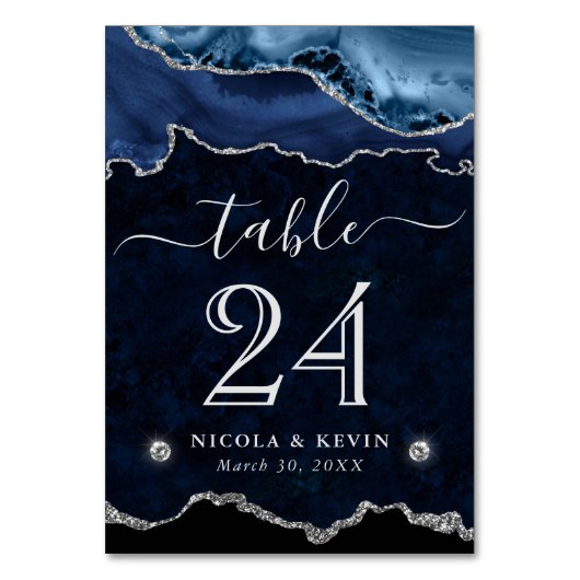 Blue and Silver Faux Glitter Agate Wedding Tischnummer (Rückseite)