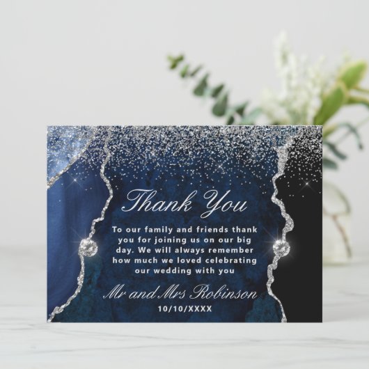 Blue and Silver Glitzer Agate Marble Wedding Dankeskarte (Stehend Vorderseite)