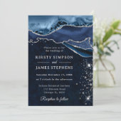 Blue and Silver Glitzer Agate Wedding Einladung (Stehend Vorderseite)