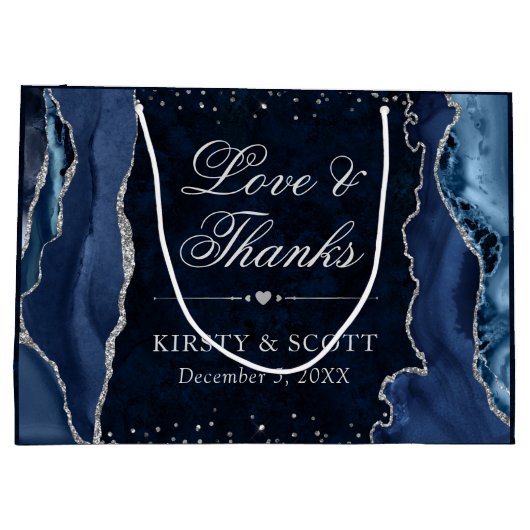 Blue and Silver Glitzer Agate Wedding Große Geschenktüte (Rückseite)