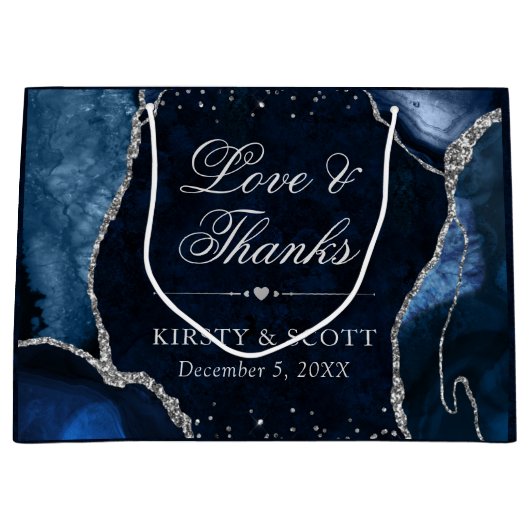 Blue and Silver Glitzer Agate Wedding Große Geschenktüte (Vorderseite)