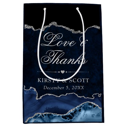 Blue and Silver Glitzer Marble Agate Wedding Mittlere Geschenktüte (Vorderseite)