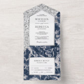 Blue and Silver Glitzer Marmor Wedding All In One Einladung (Innen Boden)