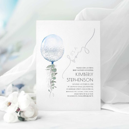 Blue and Silver Greenery Balloon Baby Shower Folieneinladung