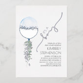 Blue and Silver Greenery Balloon Baby Shower Folieneinladung (Vorderseite)