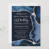 Blue and Silver Imitats Glitzer Agate Birthday Einladung (Vorderseite)