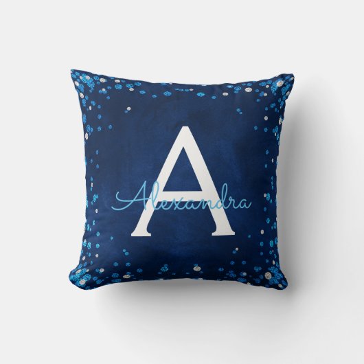 Blue and Silver Jewele Diamond Confetti Monogram Kissen (Vorderseite)
