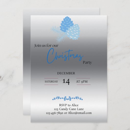 Blue and Silver Pine Cone Weihnachtseinladung Einladung (Vorne/Hinten)