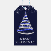 Blue and Silver Ribbon & Glitzer Weihnachtsbaum Geschenkanhänger (Vorderseite)