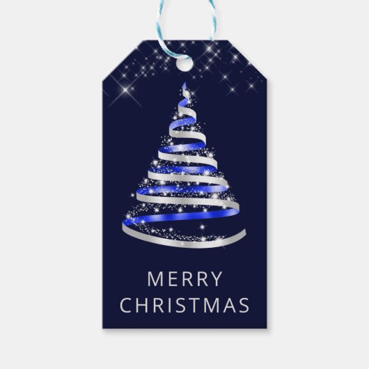 Blue and Silver Ribbon & Glitzer Weihnachtsbaum Geschenkanhänger (Vorderseite)