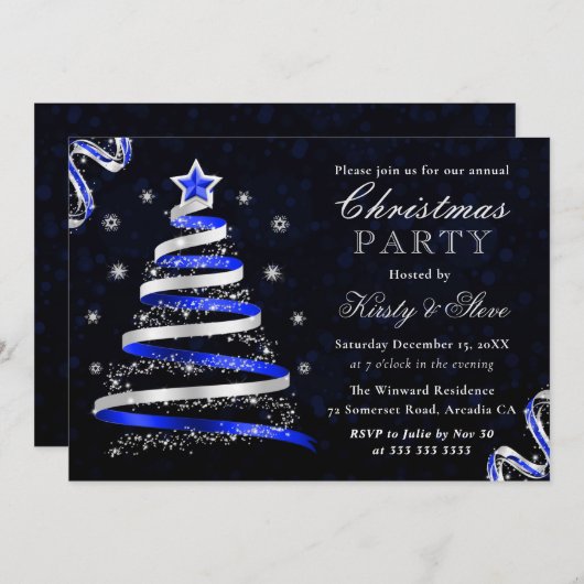 Blue and Silver Ribbon Tree Weihnachtsfest Party Einladung (Vorne/Hinten)