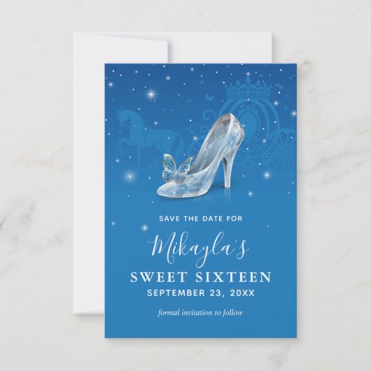 Blue and Silver Shoe Aschenputtel Sweet 16 Birthda Save The Date (Vorderseite)