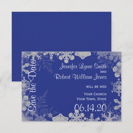 Blue and Silver Snowflake Wedding Save the Date (Vorne/Hinten)