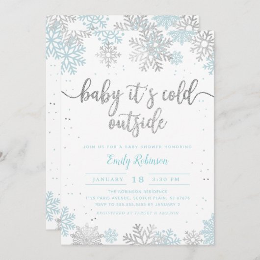 Blue and Silver Snowflake Winter Boy Baby Dusche Einladung (Vorne/Hinten)