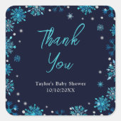 Blue and Silver Snowflakes Baby Dusche Danke Quadratischer Aufkleber (Vorderseite)