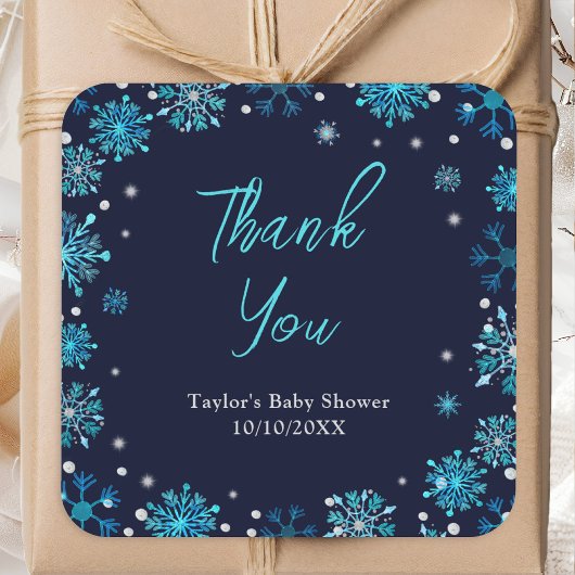 Blue and Silver Snowflakes Baby Dusche Danke Quadratischer Aufkleber