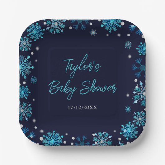 Blue and Silver Snowflakes Baby Dusche Pappteller (Vorderseite)