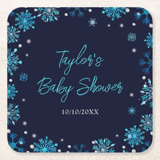 Blue and Silver Snowflakes Baby Dusche Rechteckiger Pappuntersetzer (Vorderseite)