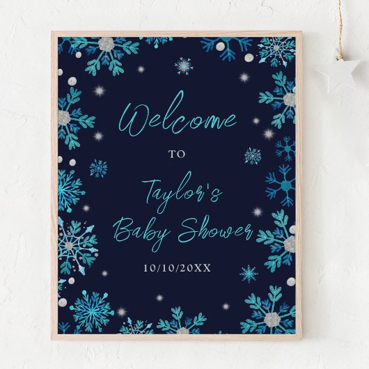 Blue and Silver Snowflakes Baby Dusche Willkommen Poster