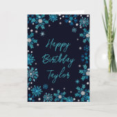 Blue and Silver Snowflakes Happy Birthday Karte (Vorderseite)