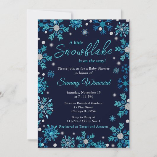 Blue and Silver Snowflakes Winter Baby Dusche Einladung (Vorderseite)